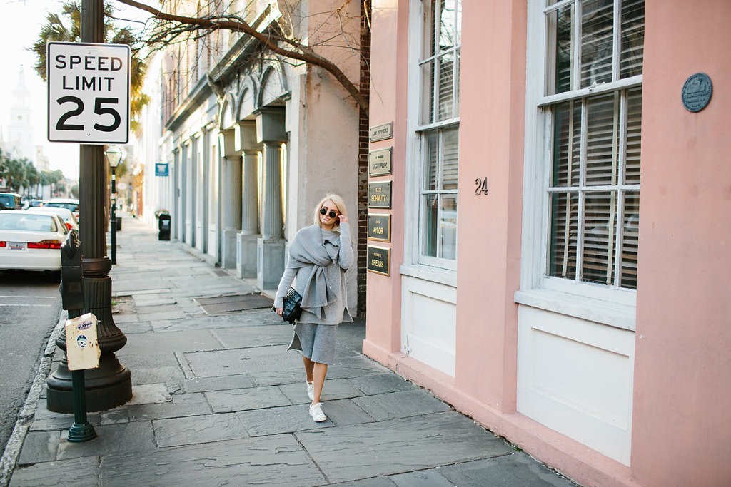Grey Layers Forever 21 Sweater Dress Side Oversized Scarf Slits H&M white sneakers // Charleston Fashion Blogger Dannon Like The Yogurt