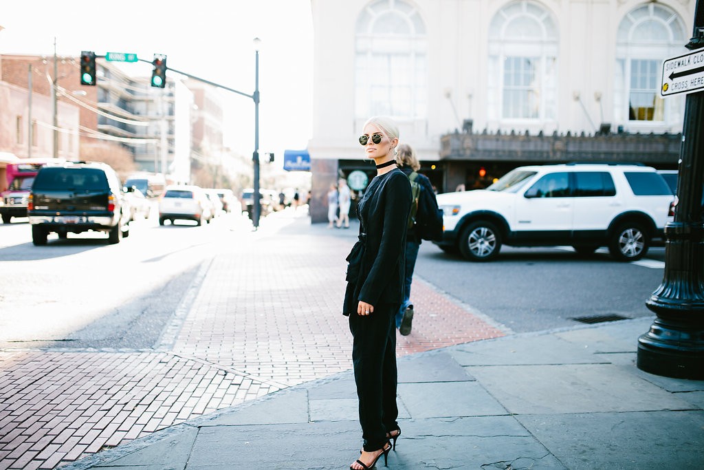 CFW Day 1 Charleston Fashion Week 2016 Street style Too Damn Expensive jacket + Harem pants H&M Black lace bodysuit Velvet Choker // Charleston Fashion Blogger Dannon Like The Yogurt