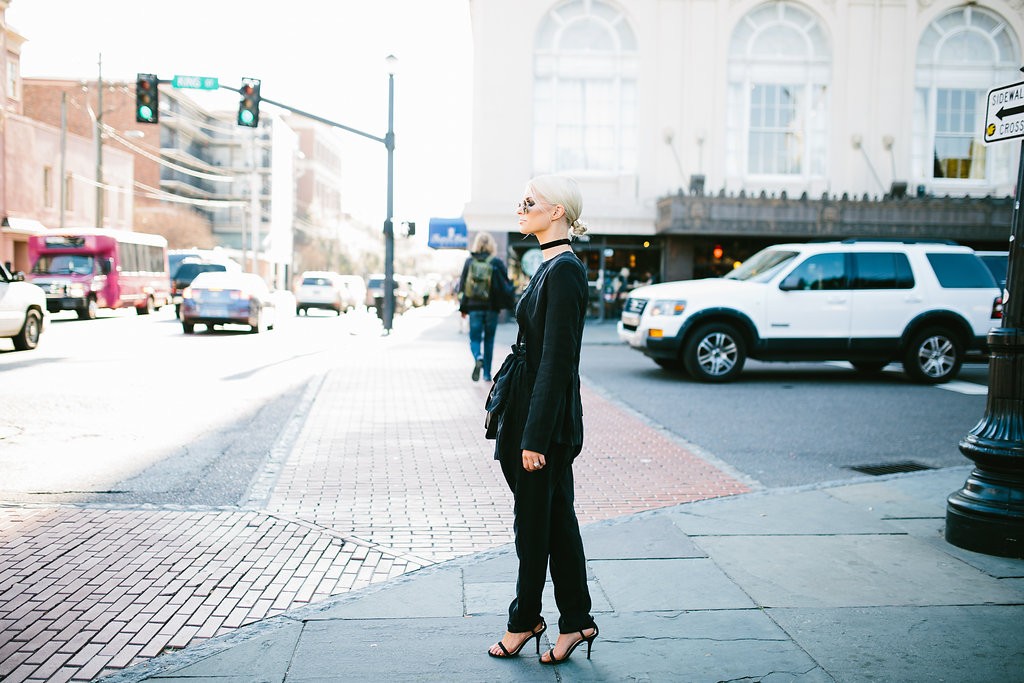 CFW Day 1 Charleston Fashion Week 2016 Street style Too Damn Expensive jacket + Harem pants H&M Black lace bodysuit Velvet Choker // Charleston Fashion Blogger Dannon Like The Yogurt
