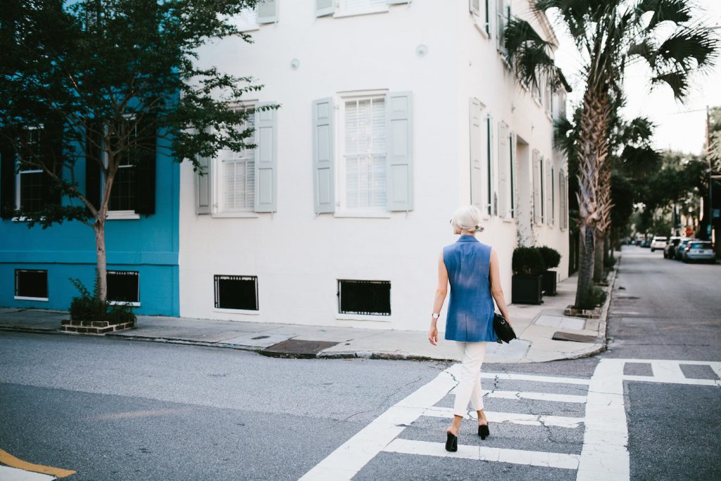 business casual banana republic chambray vest office attire day to night summer look 2016 H&M slacks peep toe mules // Charleston Fashion Blogger Dannon Like The Yogurt 