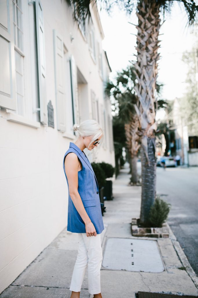 business casual banana republic chambray vest office attire day to night summer look 2016 H&M slacks peep toe mules // Charleston Fashion Blogger Dannon Like The Yogurt 