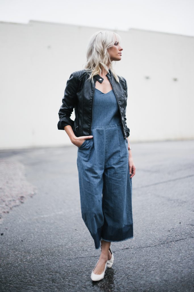 denim jumpsuit frayed wide leg culottes black biker leather jacket white kitten heels block blogger street style fall autumn 2016 // Charleston Fashion Blogger Dannon Like The Yogurt