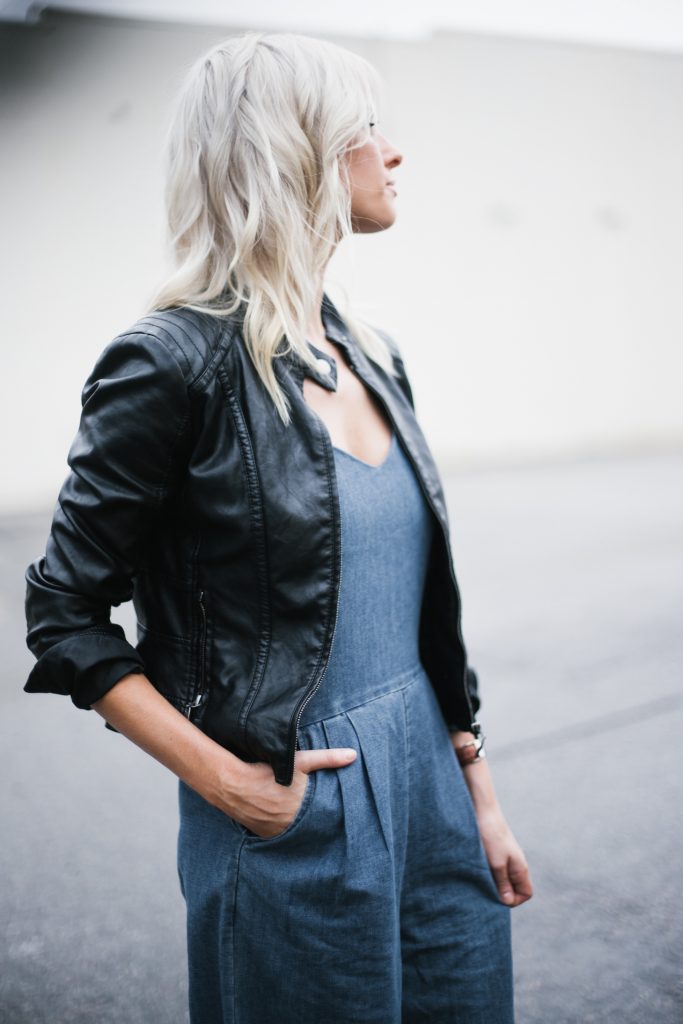 denim jumpsuit frayed wide leg culottes black biker leather jacket white kitten heels block blogger street style fall autumn 2016 // Charleston Fashion Blogger Dannon Like The Yogurt