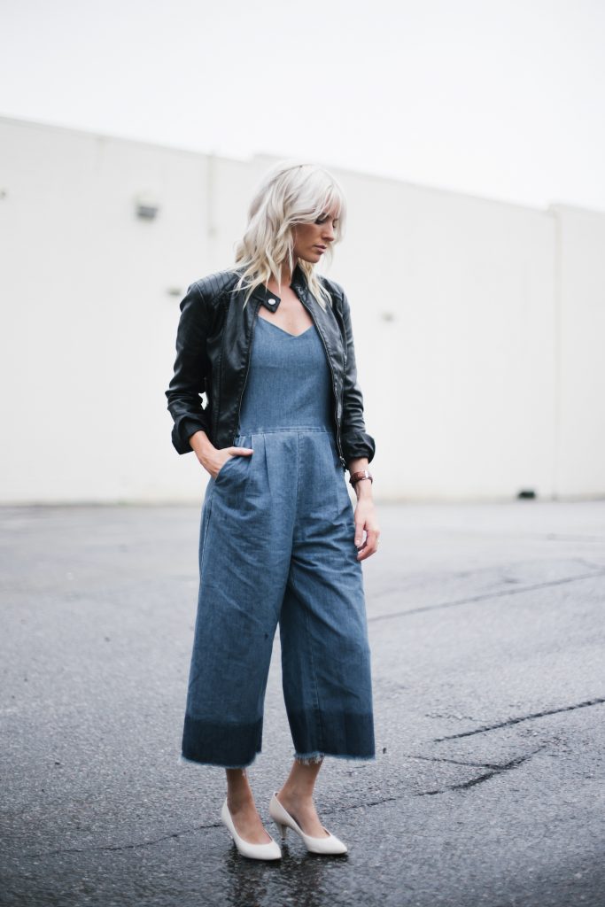 denim jumpsuit frayed wide leg culottes black biker leather jacket white kitten heels block blogger street style fall autumn 2016 // Charleston Fashion Blogger Dannon Like The Yogurt