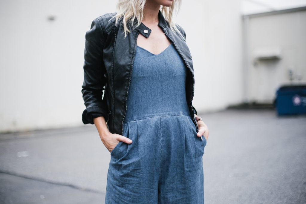 denim jumpsuit frayed wide leg culottes black biker leather jacket white kitten heels block blogger street style fall autumn 2016 // Charleston Fashion Blogger Dannon Like The Yogurt
