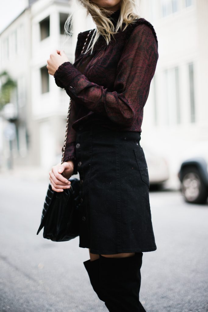 Who What Wear ruffle blouse target sheer long sleeve mock neck button up a line black skirt over-the-knee black suede boots street style fall autumn trends 2016 // Charleston Fashion Blogger Dannon Like The Yogurt 