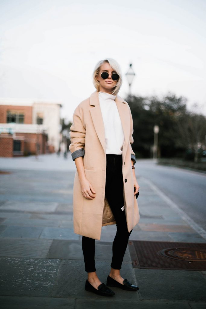 Minimalist forever 21 beige longline coat white high neck tank loafers Street Style Blogger   // Charleston Fashion Blogger Dannon Like The Yogurt 