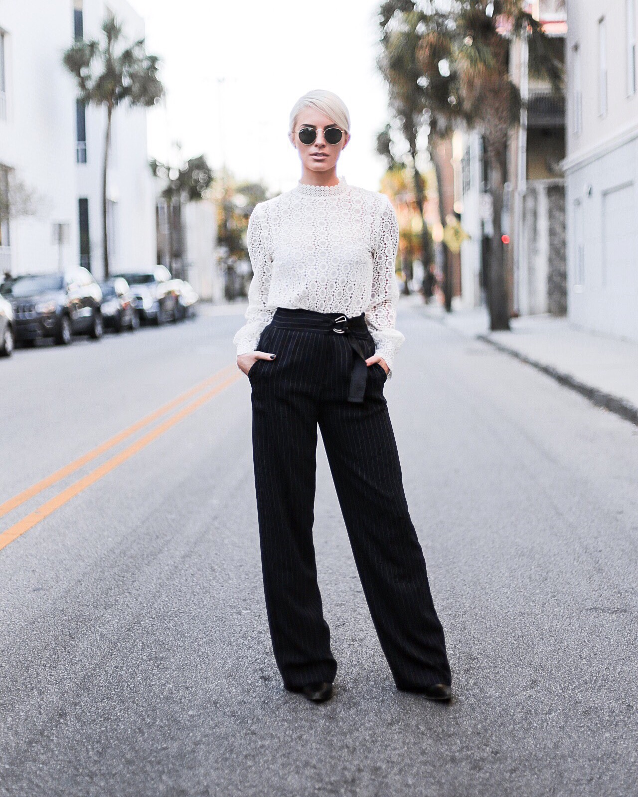 CFW Day 4 Victorian white long sleeve lace crochet blouse high neck waisted pinstripe trousers pants pointed ankle boots street style winter 2017 // Charleston Fashion Blogger Dannon Like The Yogurt 