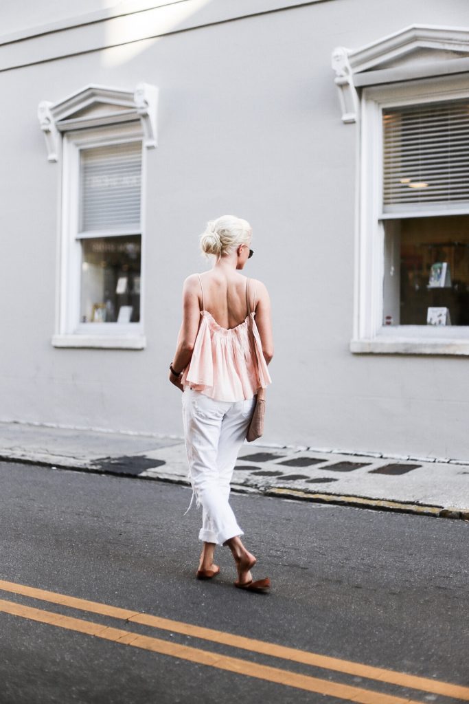 Beachy Apiece Apart Sanna Cropped Cami in Pink Quartz white distressed boyfriend jeans jbrand the sak tomboy crochet cross body satchel platinum blonde hair spring southern street style downtown // Charleston Fashion Blogger Dannon Like The Yogurt 