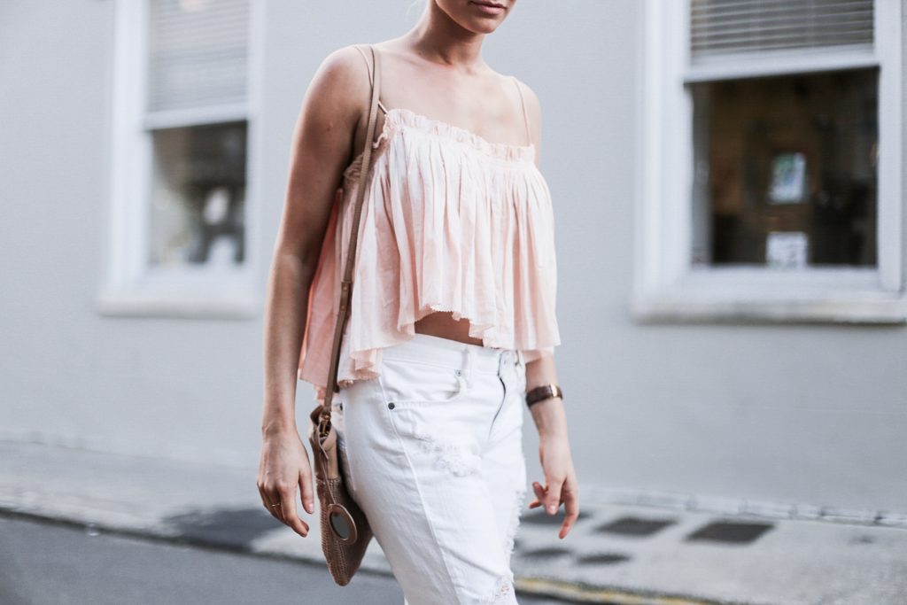 Beachy Apiece Apart Sanna Cropped Cami in Pink Quartz white distressed boyfriend jeans jbrand the sak tomboy crochet cross body satchel platinum blonde hair spring southern street style downtown // Charleston Fashion Blogger Dannon Like The Yogurt 