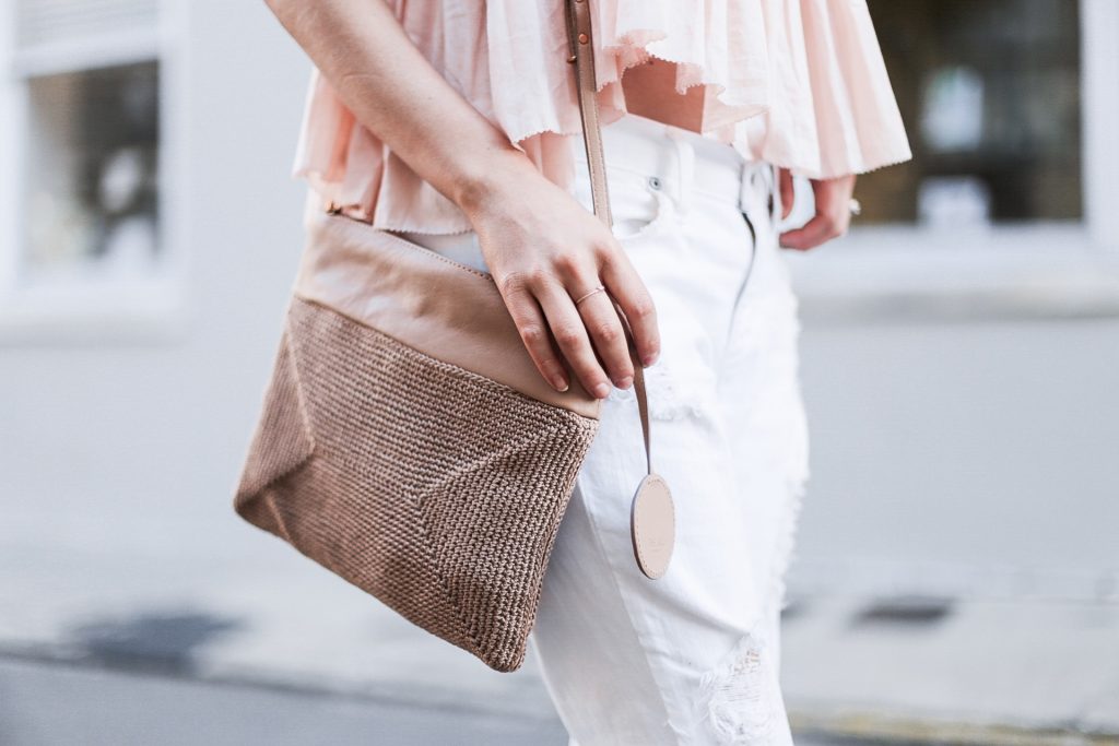 Beachy Apiece Apart Sanna Cropped Cami in Pink Quartz white distressed boyfriend jeans jbrand the sak tomboy crochet cross body satchel platinum blonde hair spring southern street style downtown // Charleston Fashion Blogger Dannon Like The Yogurt 