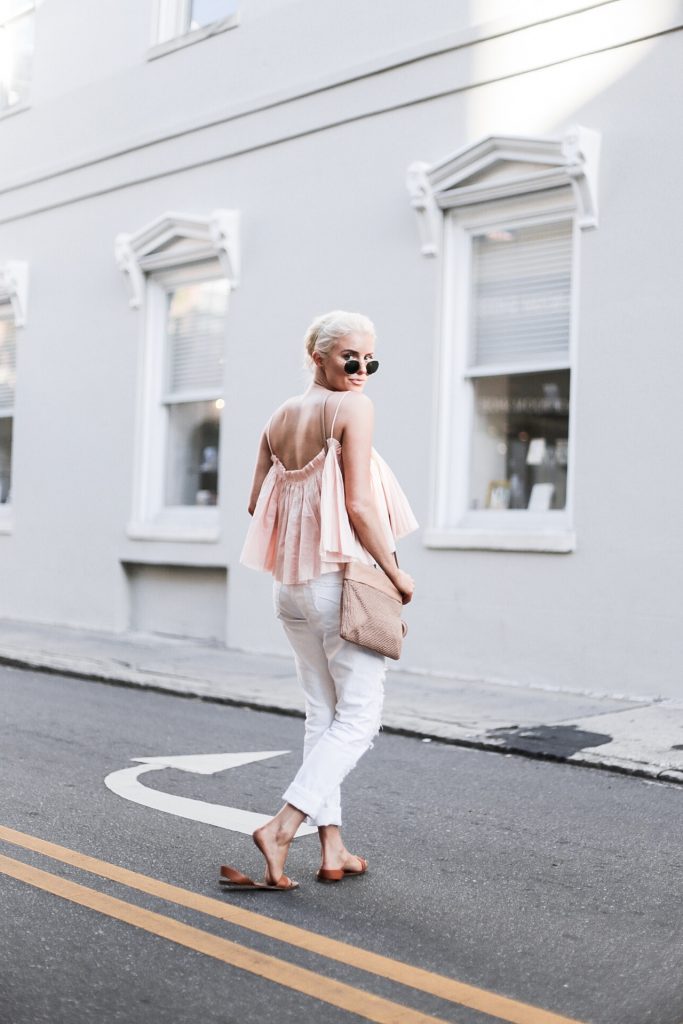 Beachy Apiece Apart Sanna Cropped Cami in Pink Quartz white distressed boyfriend jeans jbrand the sak tomboy crochet cross body satchel platinum blonde hair spring southern street style downtown // Charleston Fashion Blogger Dannon Like The Yogurt 