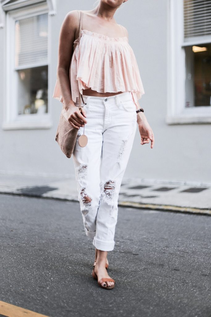 Beachy Apiece Apart Sanna Cropped Cami in Pink Quartz white distressed boyfriend jeans jbrand the sak tomboy crochet cross body satchel platinum blonde hair spring southern street style downtown // Charleston Fashion Blogger Dannon Like The Yogurt 