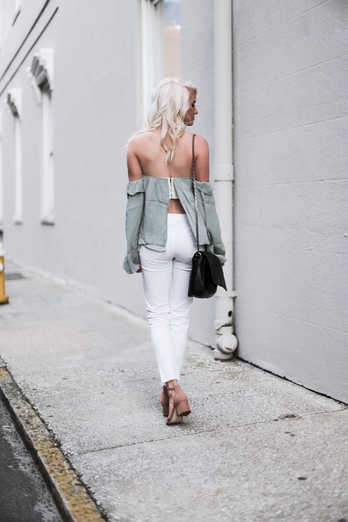 Cold Shoulder ruffle off the shoulder blouse nordstrom 4sI3NNA skinny white jeans ankle strap sandals platinum blonde hair spring southern street style downtown   // Charleston Fashion Blogger Dannon Like The Yogurt  