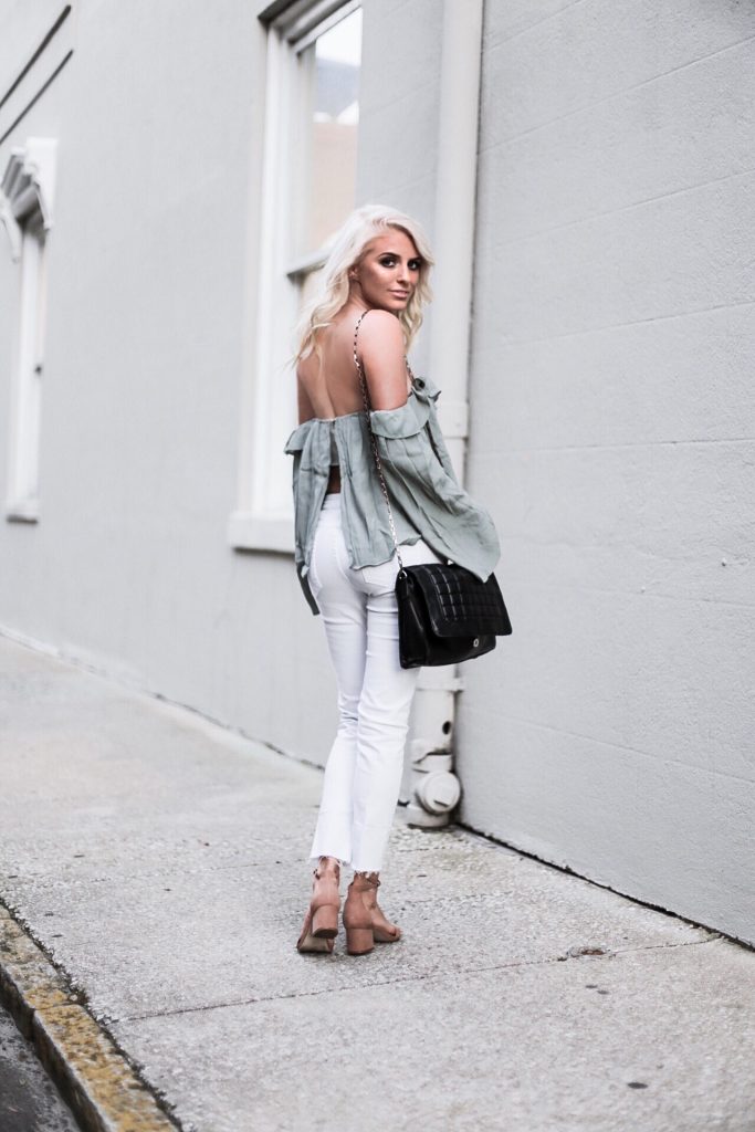 Cold Shoulder ruffle off the shoulder blouse nordstrom 4sI3NNA skinny white jeans ankle strap sandals platinum blonde hair spring southern street style downtown   // Charleston Fashion Blogger Dannon Like The Yogurt  