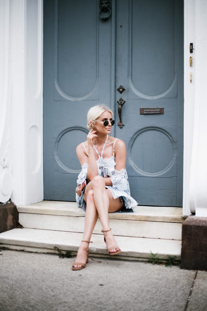Floral Cami Forever 21 open shoulder cami lace pleated off-the-shoulder top paige denim slit skirt ankle strap tan sandals platinum blonde hair spring southern street style downtown   // Charleston Fashion Blogger Dannon Like The Yogurt  