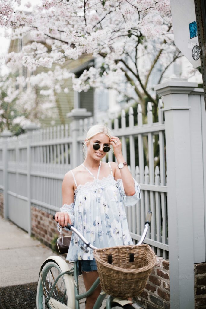 Floral Cami Forever 21 open shoulder cami lace pleated off-the-shoulder top paige denim slit skirt ankle strap tan sandals platinum blonde hair spring southern street style downtown   // Charleston Fashion Blogger Dannon Like The Yogurt  