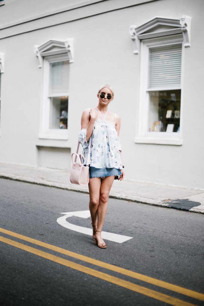 Floral Cami Forever 21 open shoulder cami lace pleated off-the-shoulder top paige denim slit skirt ankle strap tan sandals platinum blonde hair spring southern street style downtown   // Charleston Fashion Blogger Dannon Like The Yogurt  