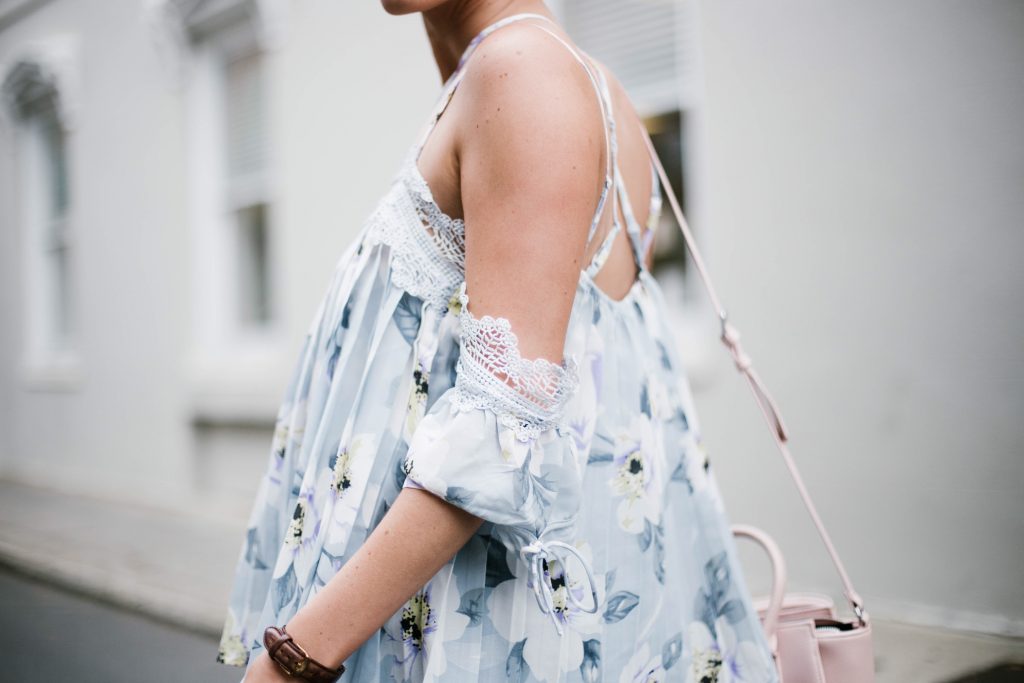 Floral Cami Forever 21 open shoulder cami lace pleated off-the-shoulder top paige denim slit skirt ankle strap tan sandals platinum blonde hair spring southern street style downtown   // Charleston Fashion Blogger Dannon Like The Yogurt  