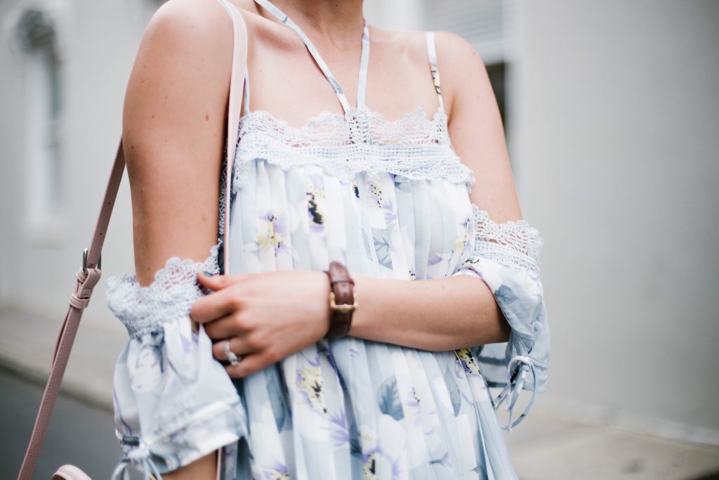Floral Cami Forever 21 open shoulder cami lace pleated off-the-shoulder top paige denim slit skirt ankle strap tan sandals platinum blonde hair spring southern street style downtown   // Charleston Fashion Blogger Dannon Like The Yogurt  