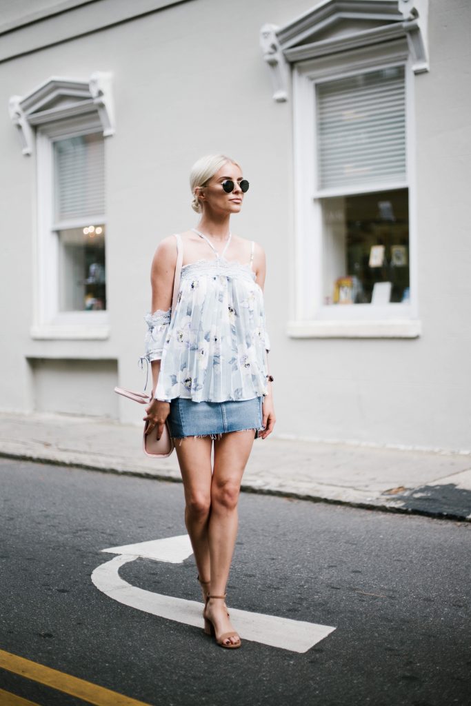 Floral Cami Forever 21 open shoulder cami lace pleated off-the-shoulder top paige denim slit skirt ankle strap tan sandals platinum blonde hair spring southern street style downtown   // Charleston Fashion Blogger Dannon Like The Yogurt  