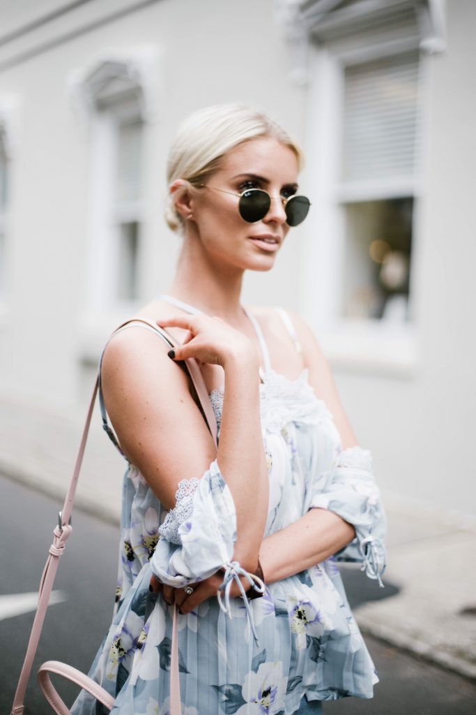 Floral Cami Forever 21 open shoulder cami lace pleated off-the-shoulder top paige denim slit skirt ankle strap tan sandals platinum blonde hair spring southern street style downtown   // Charleston Fashion Blogger Dannon Like The Yogurt  