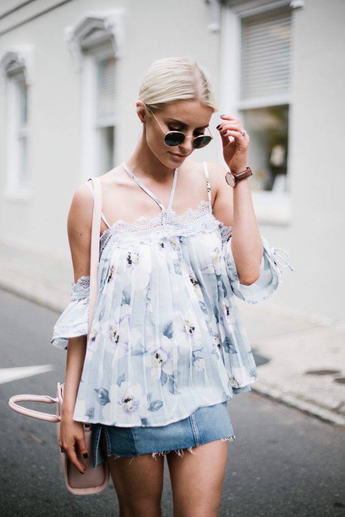 Floral Cami Forever 21 open shoulder cami lace pleated off-the-shoulder top paige denim slit skirt ankle strap tan sandals platinum blonde hair spring southern street style downtown   // Charleston Fashion Blogger Dannon Like The Yogurt  