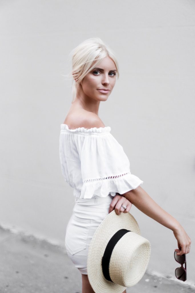 Ciao Bella! H&M short high waist white shorts target women’s boater hat wicker crinkled off-the-shoulder crochet top ruffle ankle strap sandals platinum blonde hair spring southern street style downtown // Charleston Fashion Blogger Dannon Like The Yogurt 