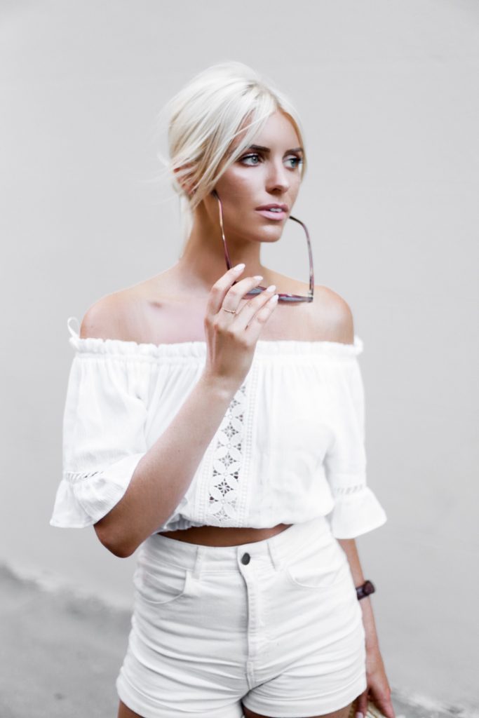 Ciao Bella! H&M short high waist white shorts target women’s boater hat wicker crinkled off-the-shoulder crochet top ruffle ankle strap sandals platinum blonde hair spring southern street style downtown // Charleston Fashion Blogger Dannon Like The Yogurt 