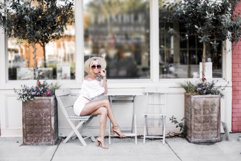 Ciao Bella! H&M short high waist white shorts target women’s boater hat wicker crinkled off-the-shoulder crochet top ruffle ankle strap sandals platinum blonde hair spring southern street style downtown // Charleston Fashion Blogger Dannon Like The Yogurt