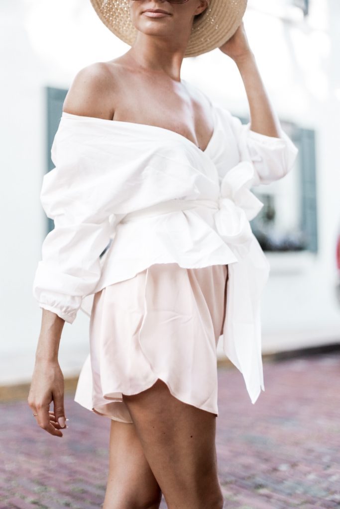 Charleston, Italy?! wayf janis wrap shirt off the shoulder top blouse nordstrom Leith smock waist shorts ankle strap sandals european italian style platinum blonde hair spring southern street style downtown // Charleston Fashion Blogger Dannon Like The Yogurt