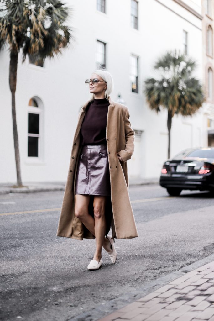 Leather Maroon mini high waist skirt oversized knit sweater burgundy camel coat loafers fall 2017 street style Charleston Fashion Blogger Dannon Like The Yogurt  