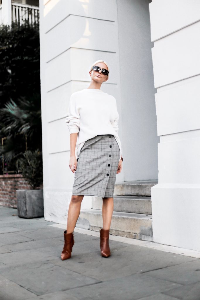 Business Attire Fall houndstooth checker plaid pencil skirt buttons camel ankle boots white chunky knit sweater downtown street style Charleston Fashion Blogger Dannon Like The Yogurt 
