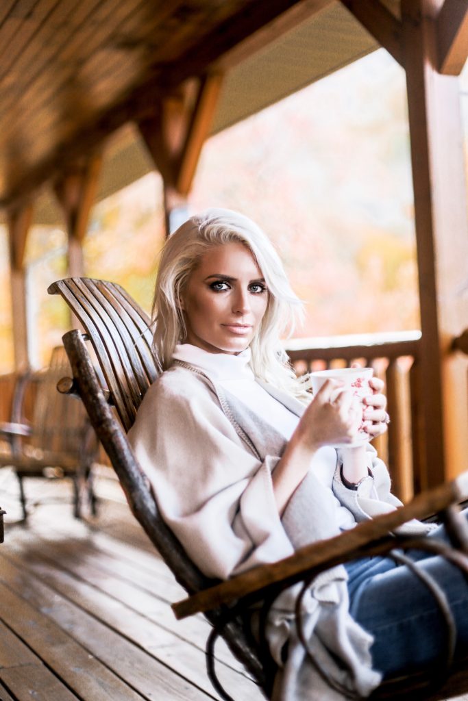 Fall in Maggie Valley white gray sweater poncho wrap Target skinny jeans cognac ankle boots white turtleneck autumn Maggie Valley NC fall 2017 street style Charleston Fashion Blogger Dannon Like The Yogurt