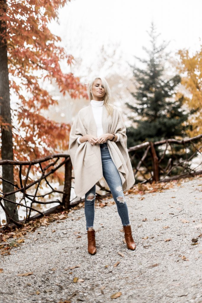 Fall in Maggie Valley white gray sweater poncho wrap Target skinny jeans cognac ankle boots white turtleneck autumn Maggie Valley NC fall 2017 street style Charleston Fashion Blogger Dannon Like The Yogurt 