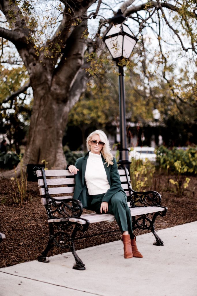 Give Thanks Fall 70s style green suit cigarette pants blazer oversized sunglasses downtown street style Charleston Fashion Blogger Dannon Like The Yogurt high waist camel pants trousers wide leg palazzo pants plunge neck long sleeve wrap body suit asos black friday sales deals