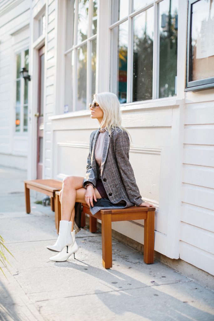 Fall Neutrals burgundy leather skirt houndstooth check long coat white ankle boots tan turtleneck Charleston Fashion Blogger Dannon Like The Yogurt Clay Austin Photography