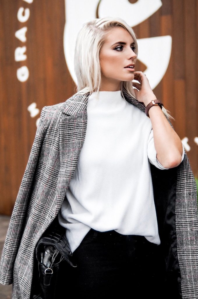 Sunday Brunching Grace and Grits Plaid Checkered long coat forever 211 white high neck sweater black skinny jeans nude heels Charleston Fashion Blogger Dannon Like The Yogurt