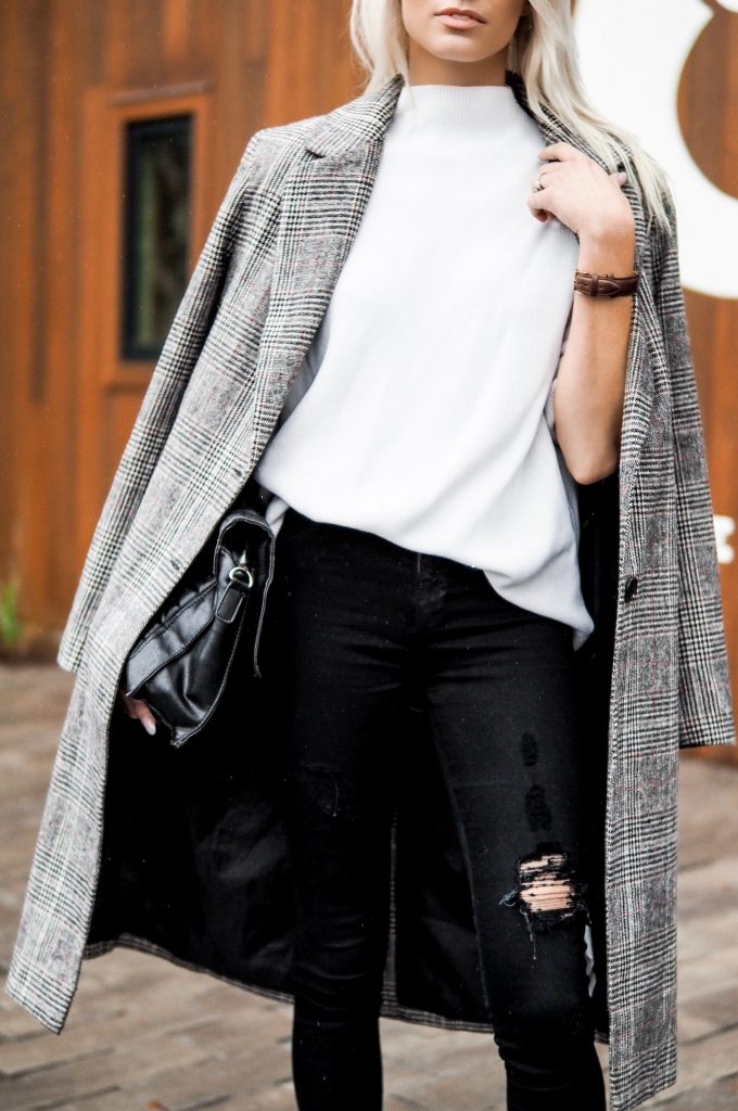 Sunday Brunching Grace and Grits Plaid Checkered long coat forever 211 white high neck sweater black skinny jeans nude heels Charleston Fashion Blogger Dannon Like The Yogurt