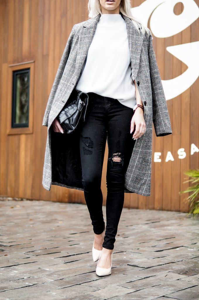 Sunday Brunching Grace and Grits Plaid Checkered long coat forever 211 white high neck sweater black skinny jeans nude heels Charleston Fashion Blogger Dannon Like The Yogurt