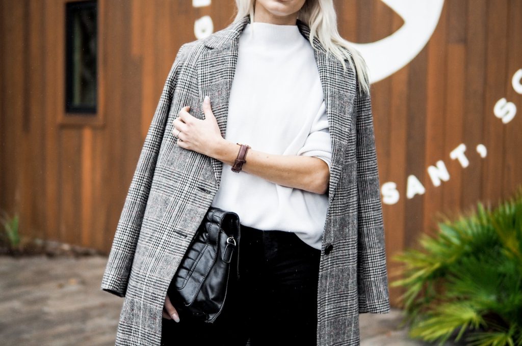 Sunday Brunching Grace and Grits Plaid Checkered long coat forever 211 white high neck sweater black skinny jeans nude heels Charleston Fashion Blogger Dannon Like The Yogurt