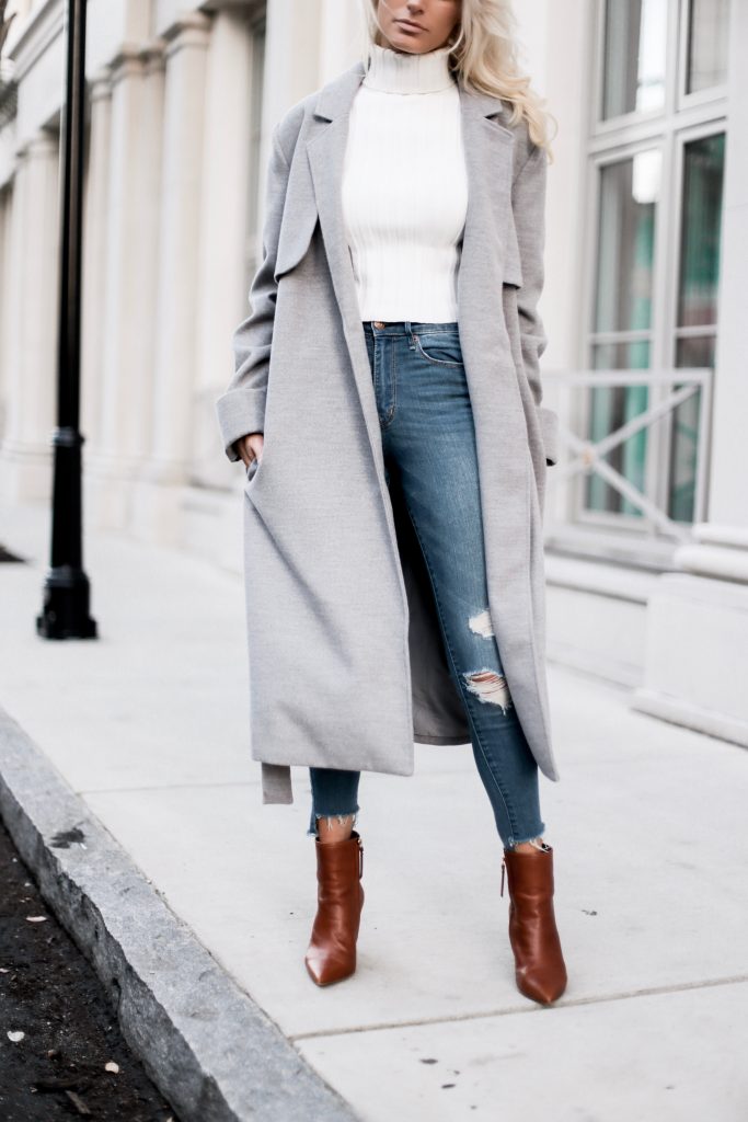 Winter Neutrals Winter Neutrals grey wool long coat white turtleneck ribbed sleeveless crop top skinny jeans camel ankle boots Charleston Fashion Blogger Dannon Like The Yogurt