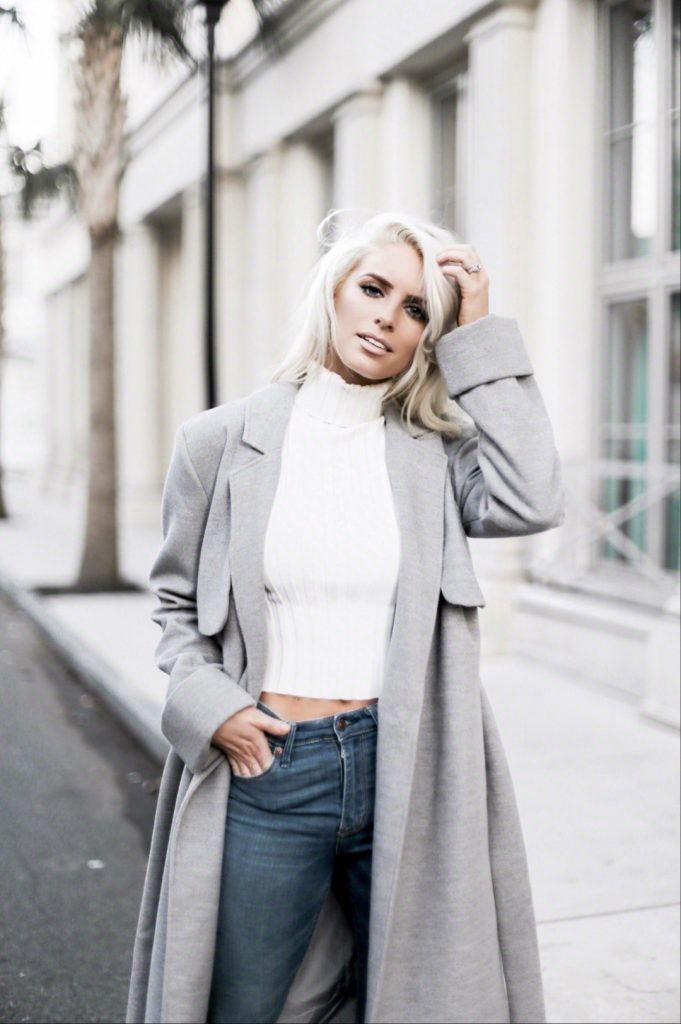 Winter Neutrals Winter Neutrals grey wool long coat white turtleneck ribbed sleeveless crop top skinny jeans camel ankle boots Charleston Fashion Blogger Dannon Like The Yogurt