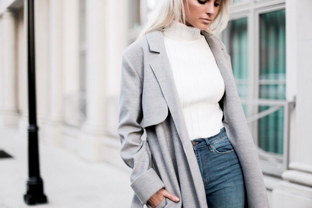 Winter Neutrals Winter Neutrals grey wool long coat white turtleneck ribbed sleeveless crop top skinny jeans camel ankle boots Charleston Fashion Blogger Dannon Like The Yogurt
