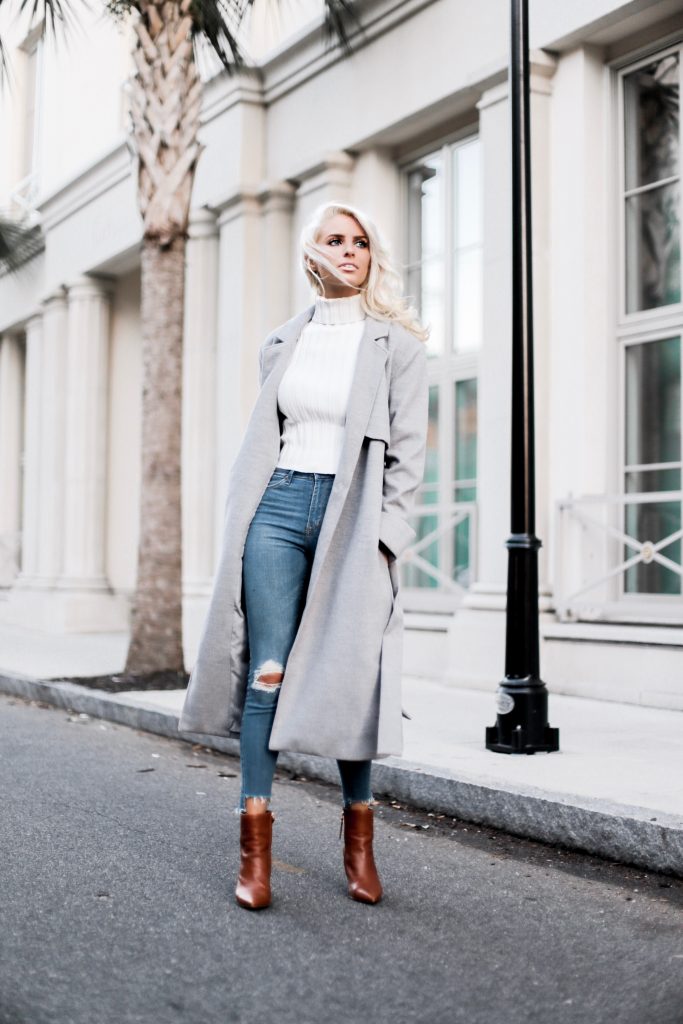 Winter Neutrals Winter Neutrals grey wool long coat white turtleneck ribbed sleeveless crop top skinny jeans camel ankle boots Charleston Fashion Blogger Dannon Like The Yogurt
