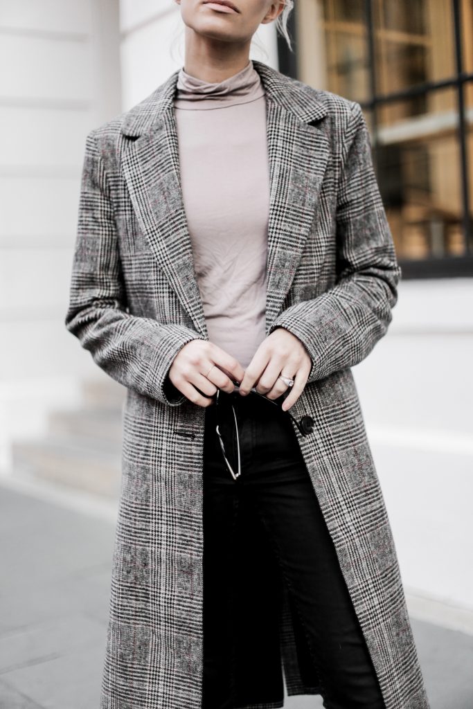 leather + plaid checkered long coat forever 21 taupe turtleneck jeans pants ankle boots cat eye sunglasses Charleston Fashion Blogger Dannon Like The Yogurt
