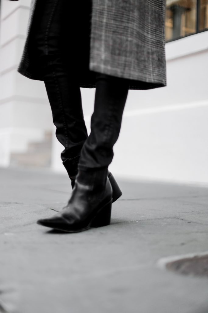 leather + plaid checkered long coat forever 21 taupe turtleneck jeans pants ankle boots cat eye sunglasses Charleston Fashion Blogger Dannon Like The Yogurt