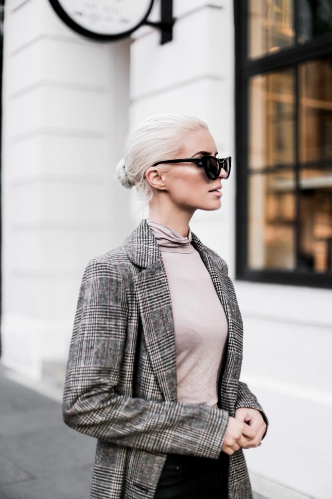 leather + plaid checkered long coat forever 21 taupe turtleneck jeans pants ankle boots cat eye sunglasses Charleston Fashion Blogger Dannon Like The Yogurt