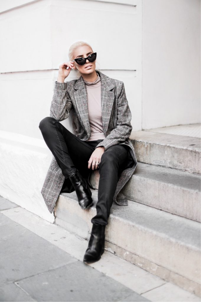 leather + plaid checkered long coat forever 21 taupe turtleneck jeans pants ankle boots cat eye sunglasses Charleston Fashion Blogger Dannon Like The Yogurt