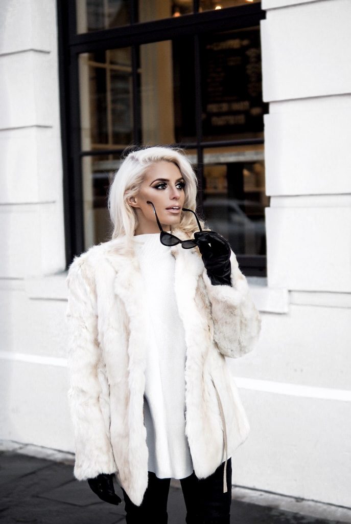 snowed vintage fur white leather pants thigh high boots platinum blonde cat eye sunglasses Charleston Fashion Blogger Dannon Like The Yogurt